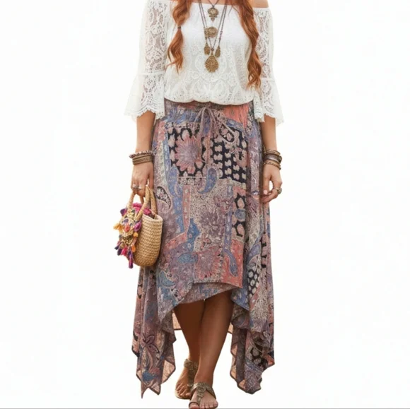 Angie Paisley Patchwork Handkerchief Hem Skirt Pink Boho Large - Picture 1 of 12